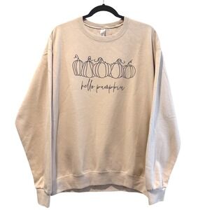 Womens "Hello Pumpkin" Crewneck Sweatshirt Long Sleeve Beige Graphic Fall Size L